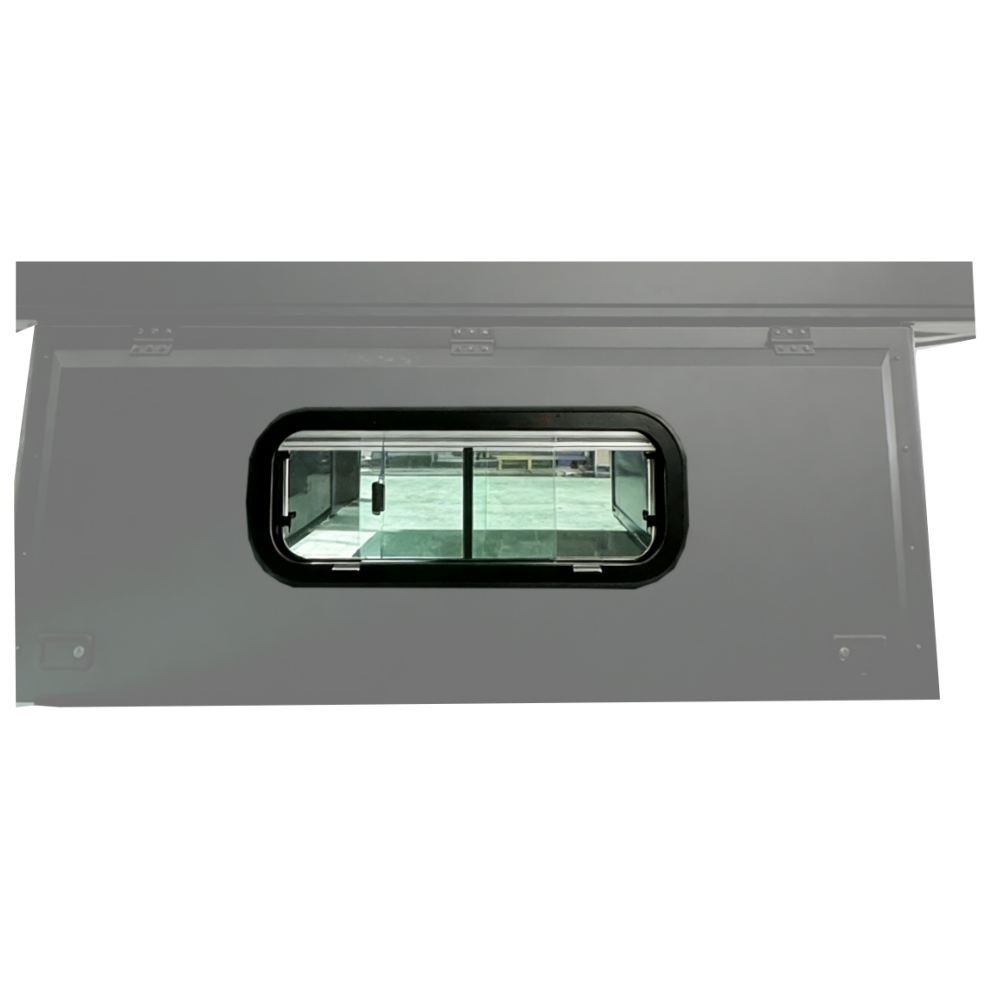 Sliding window installed in a Summit camper side hatch